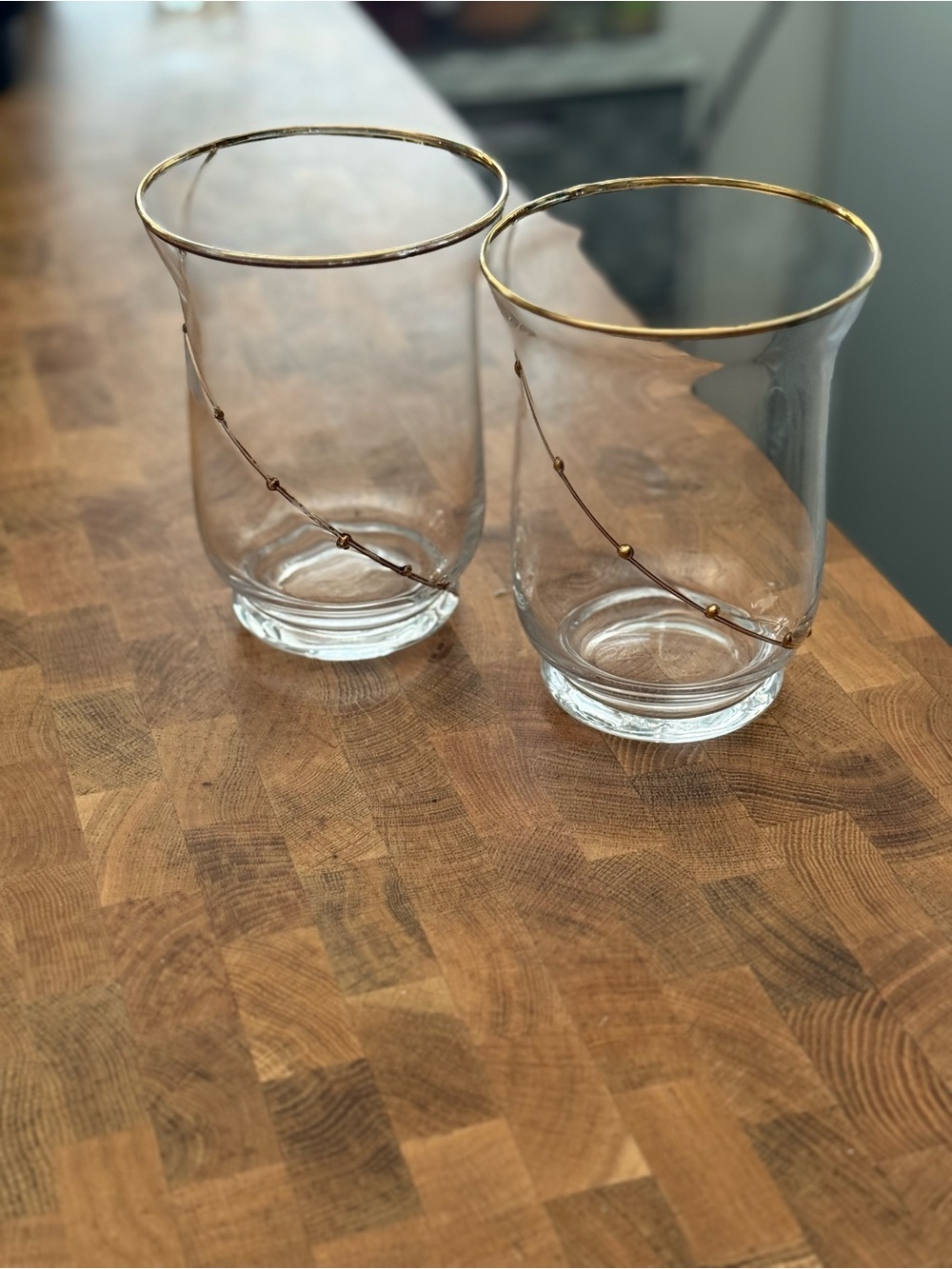 Pier 1 Pair of Clear Glass Vases Gold Spiral Accent